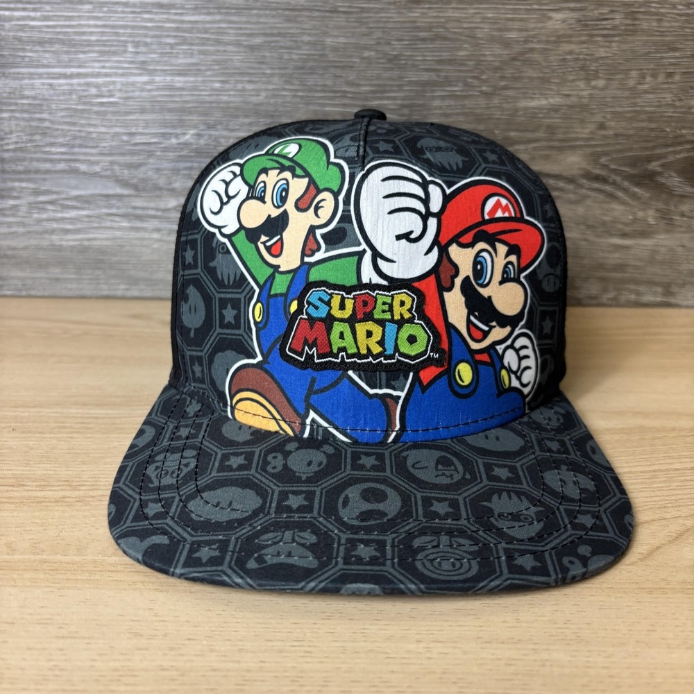 Super Mario Hat Cap Snap Back Black Gray Mario Luigi Patch Nintendo Mens Gaming